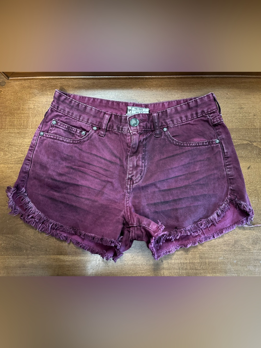 Free People Women’s Frayed Hem Denim Shorts - Burgundy